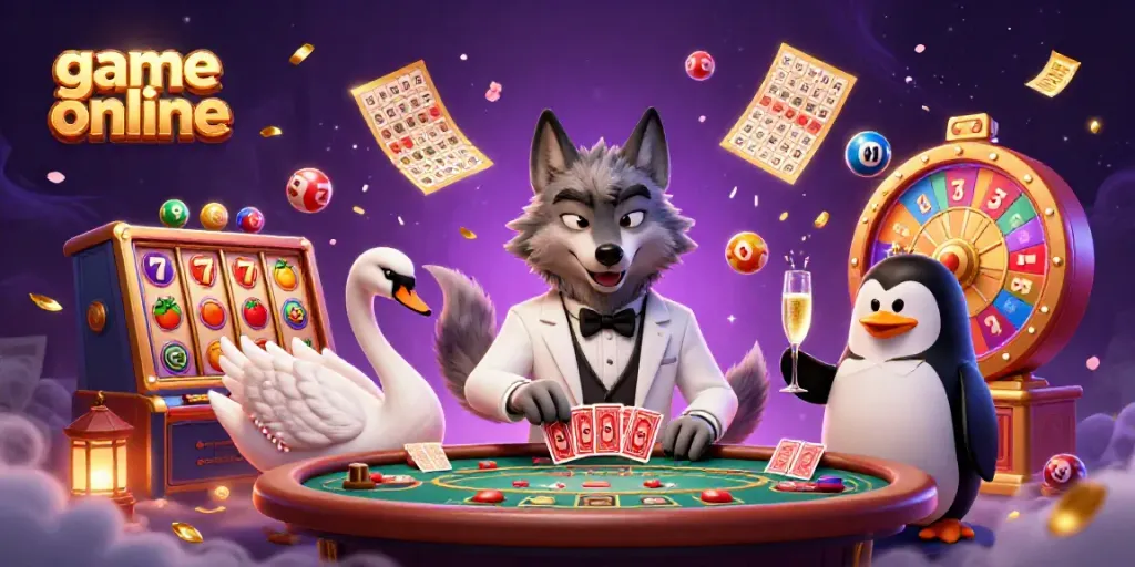 Engage in a thrilling game online experience with a debonair wolf, an elegant swan dealing cards, and a sophisticated penguin sommelier amidst captivating casino elements.