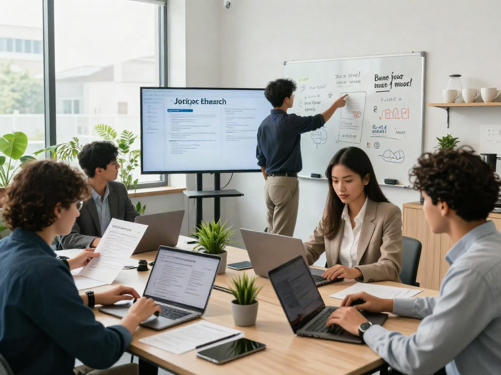 หางาน interactions in a modern office setting with a team collaborating on job applications.
