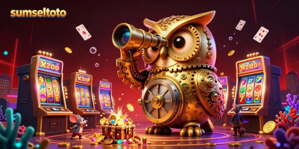 Experience the excitement of sumseltoto with a golden owl and lively casino atmosphere bursting with colorful slot machine action.