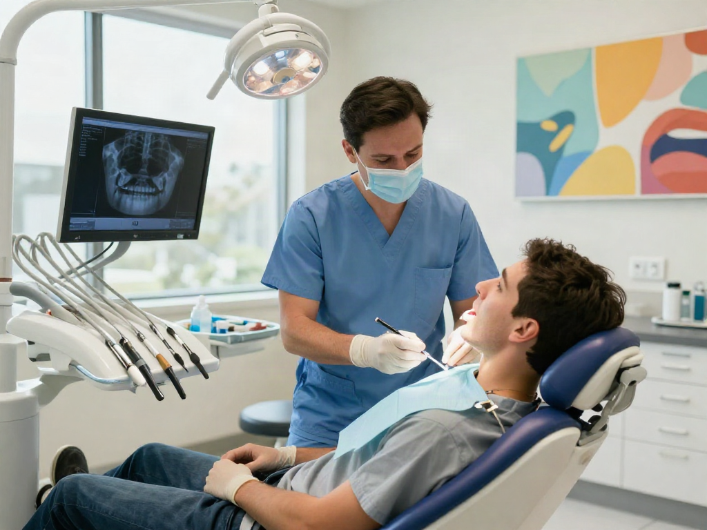 Wisdom teeth removal Newport Beach scene with a dentist and patient in a modern clinic, bright and welcoming atmosphere.