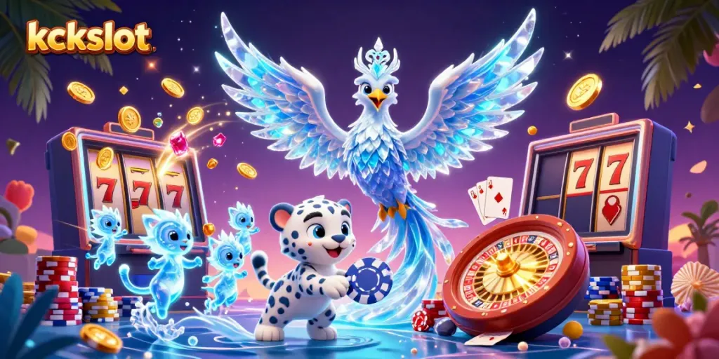 Menangkan permainan slot kckslot dengan ilustrasi 3D menakjubkan yang menampilkan phoenix es dan chip poker.
