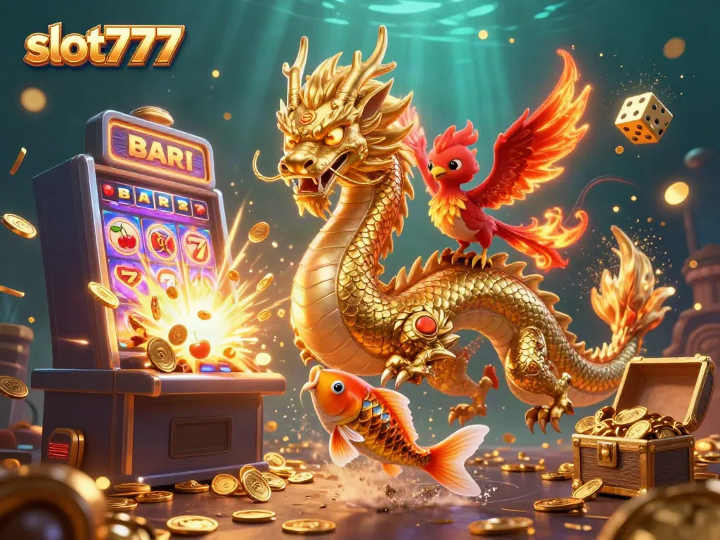 Experience thrilling action in slot777 with a fierce dragon and vibrant characters amidst a jackpot explosion.