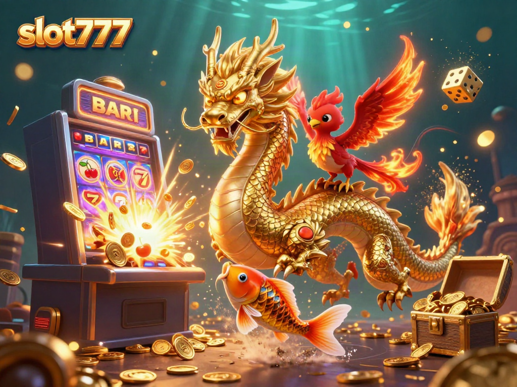 Experience thrilling action in slot777 with a fierce dragon and vibrant characters amidst a jackpot explosion.