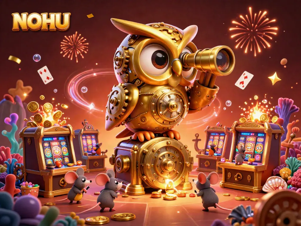 Experience the excitement of NOHU as a golden owl watches over a bustling casino floor filled with treasures and gaming action.
