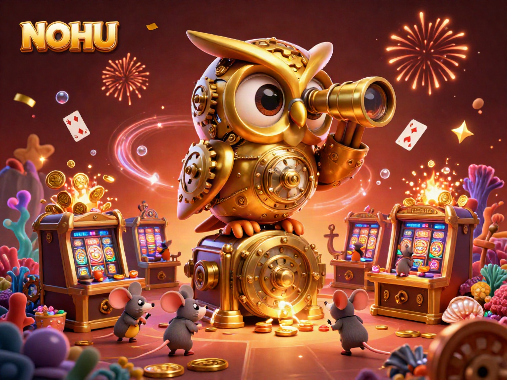 Experience the excitement of NOHU as a golden owl watches over a bustling casino floor filled with treasures and gaming action.