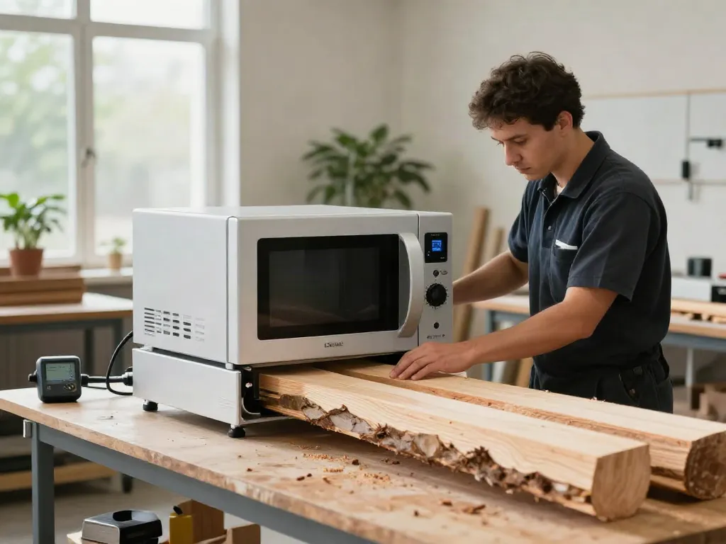 SHASHEL® microwave technology in action for effective woodworm elimination in a modern workshop.