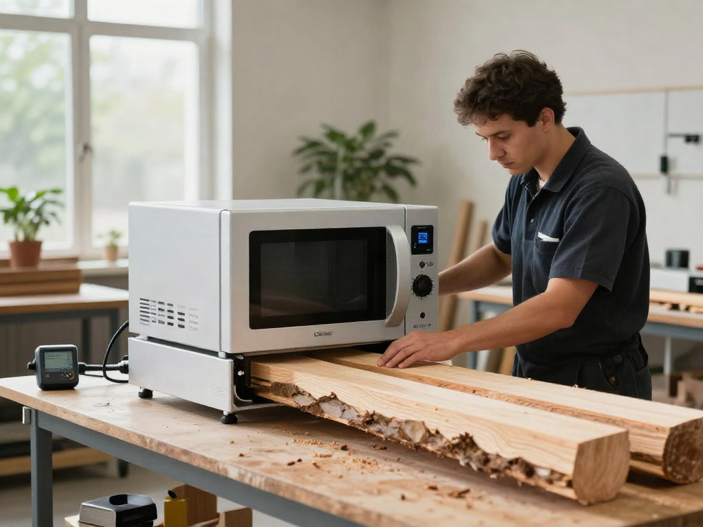 SHASHEL® microwave technology in action for effective woodworm elimination in a modern workshop.