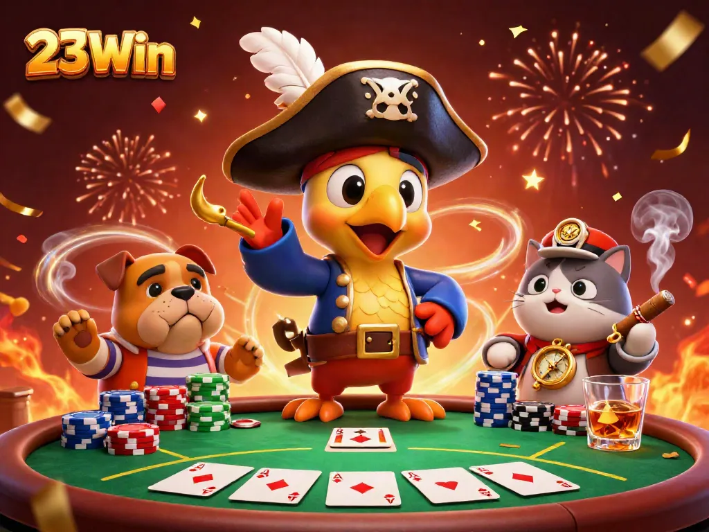 Engage with 23Win's thrilling casino adventure featuring a pirate captain and poker scene.