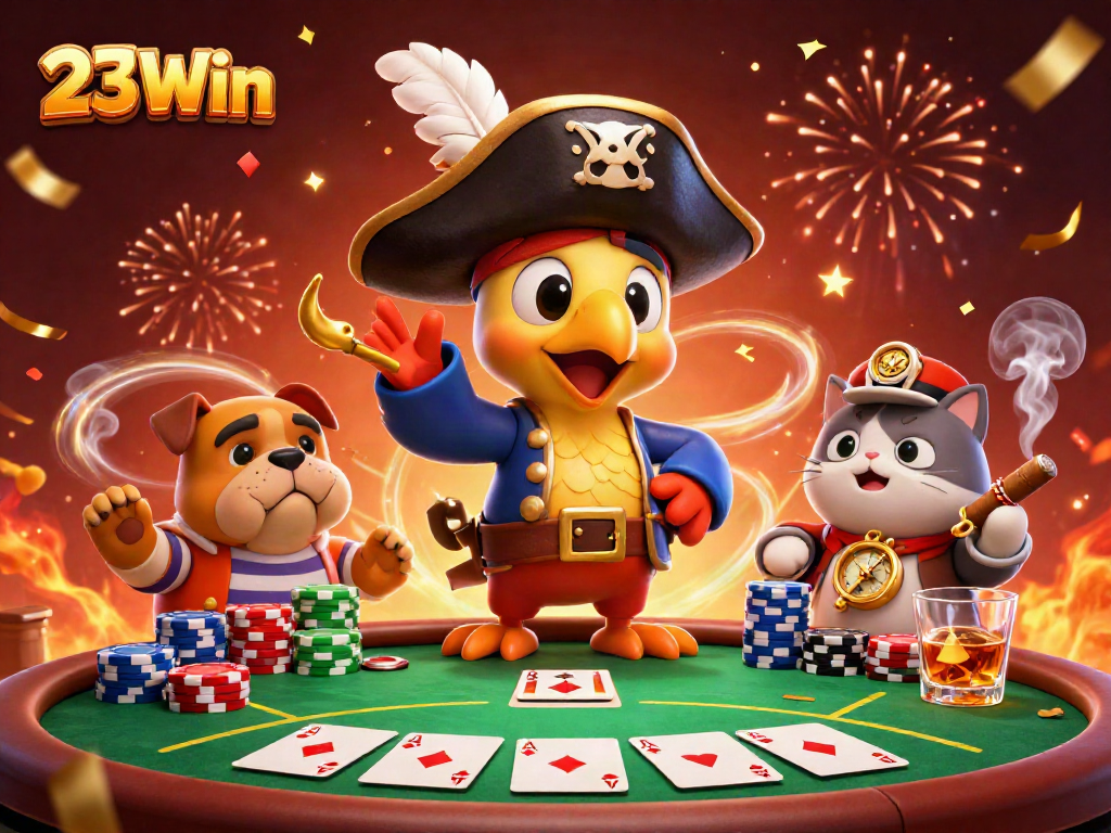 Engage with 23Win's thrilling casino adventure featuring a pirate captain and poker scene.