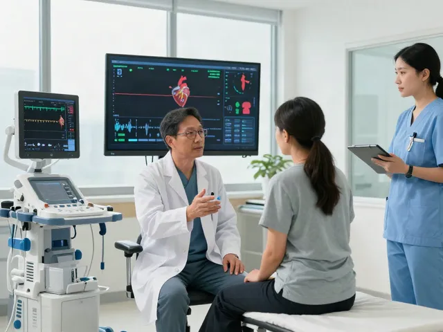 Advanced heart failure care discussion between cardiologist and patient in a modern healthcare facility.