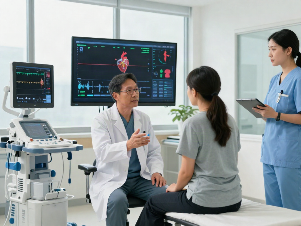 Advanced heart failure care discussion between cardiologist and patient in a modern healthcare facility.