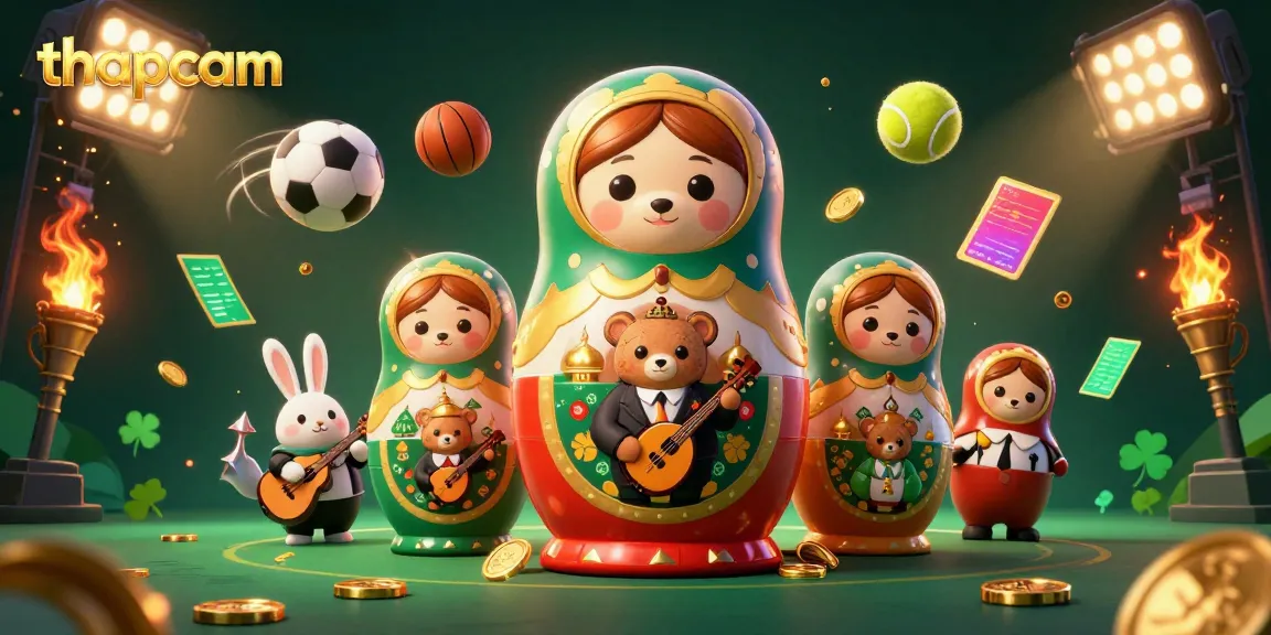 Experience thrilling sports betting with thapcam's vibrant 3D illustration showcasing dynamic elements and rich casino themes.
