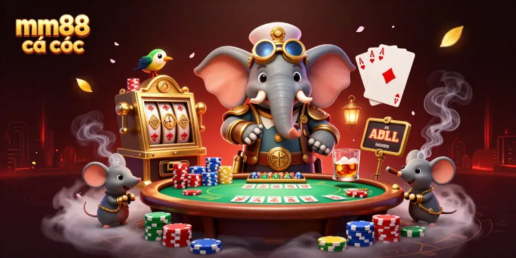 Engage with mm88 cá cược in a lively 3D casino scene featuring a steampunk elephant engineer.
