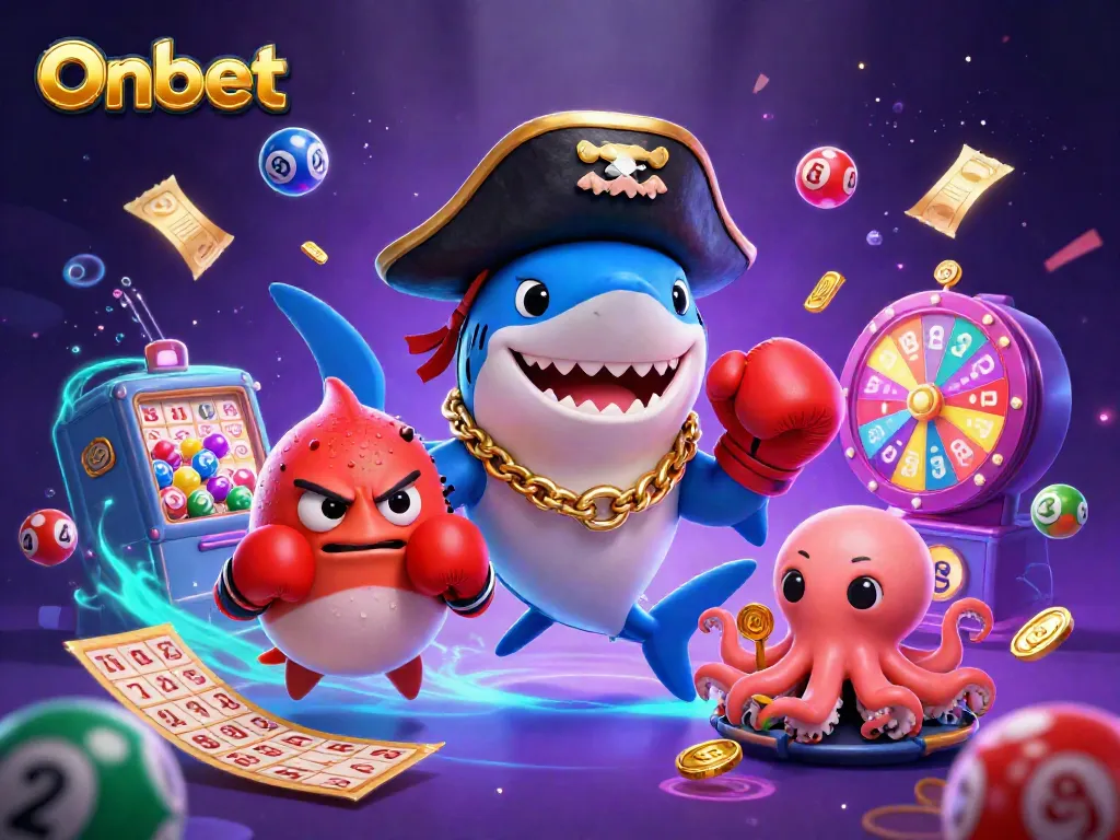 Join the Onbet adventure with a pirate shark and friends enjoying thrilling lottery games!