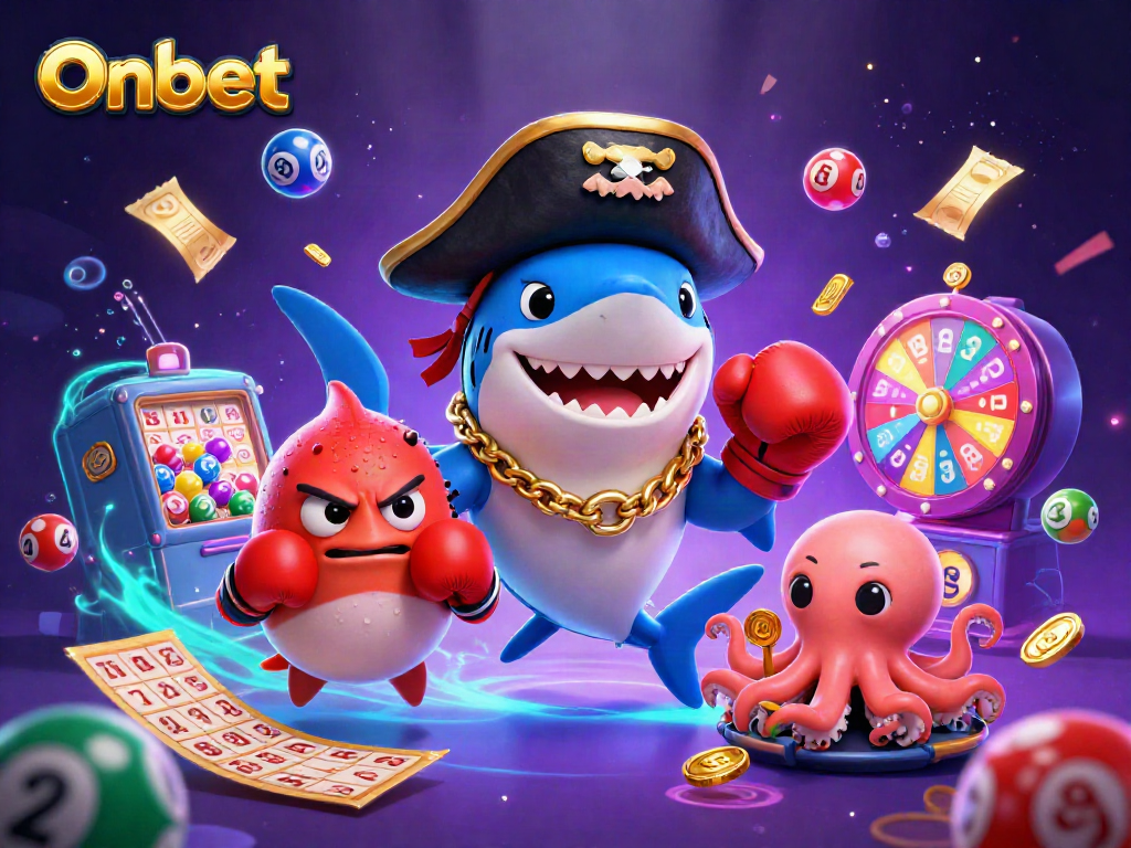 Join the Onbet adventure with a pirate shark and friends enjoying thrilling lottery games!