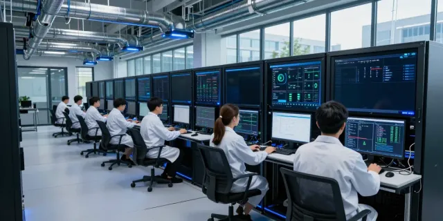 High-tech AI data center with GPU servers, engineers monitoring systems, and efficient cooling.