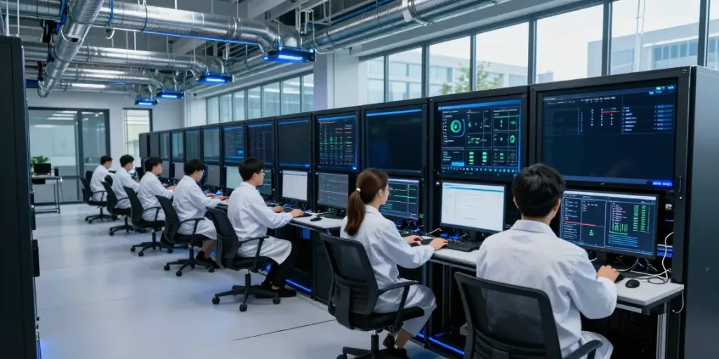 High-tech AI data center with GPU servers, engineers monitoring systems, and efficient cooling.