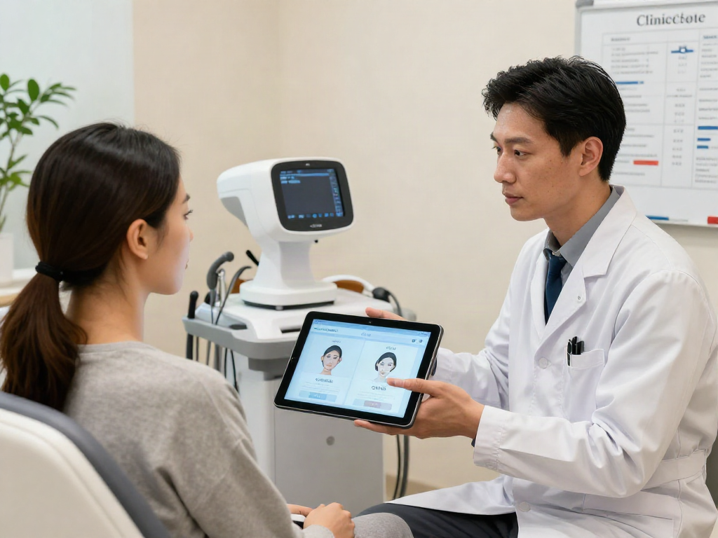Consultation scene showcasing ClinicEvo vs QOVES facial analysis in a bright clinic.