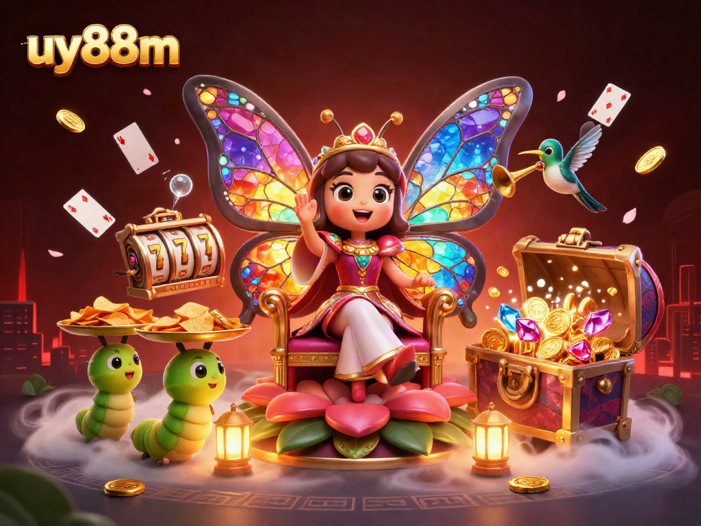Engage with uy88m's vibrant casino scene filled with gold coins, slots, and lively characters.