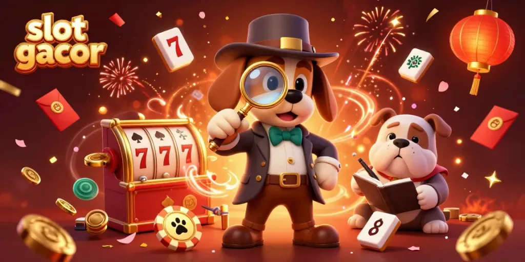 Engaging scene of slot gacor characters, showcasing a detective and bulldog among vibrant casino elements.