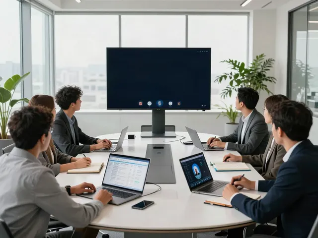 Deepfake protected meetings in a secure conference room with diverse professionals collaborating.