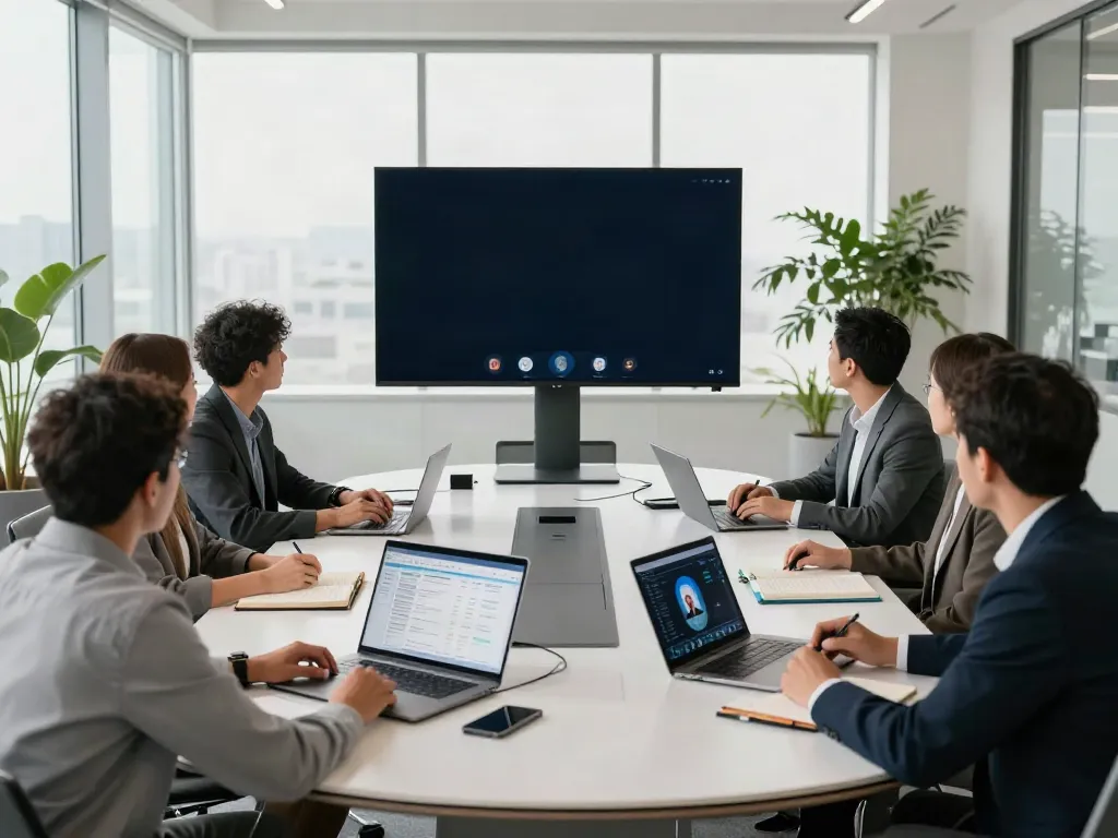 Deepfake protected meetings in a secure conference room with diverse professionals collaborating.