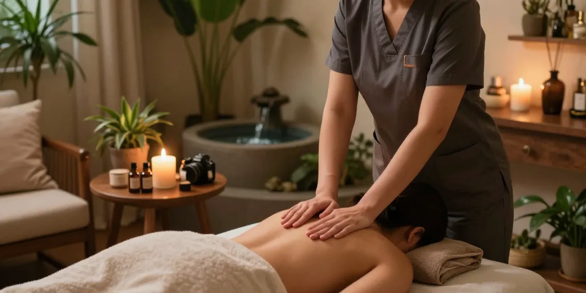 Relaxing home spa scene with 용산출장마사지 therapy, soothing ambiance and essential oils