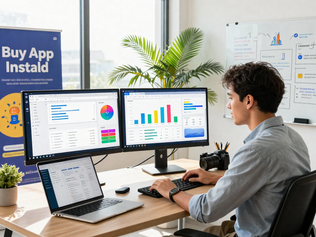 Professional analyzing metrics to buy app install services in a modern office.