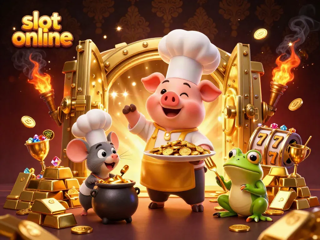 Experience thrilling slot online gameplay with a cartoon chef pig serving gold coins in a rich casino setting.