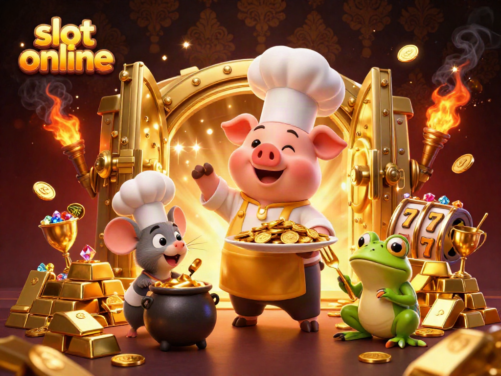 Experience thrilling slot online gameplay with a cartoon chef pig serving gold coins in a rich casino setting.