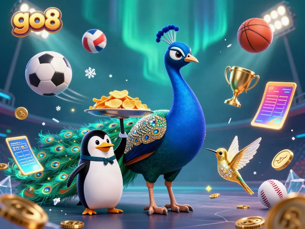 Experience the excitement of go8 with a vibrant 3D casino illustration featuring peacock, penguin, and dynamic sports elements.