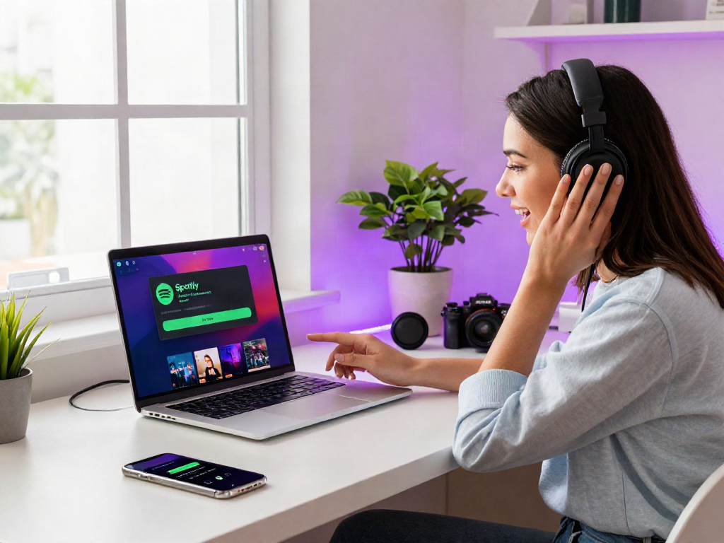 Engaged user applying spotify mod on sleek laptop in modern home office.