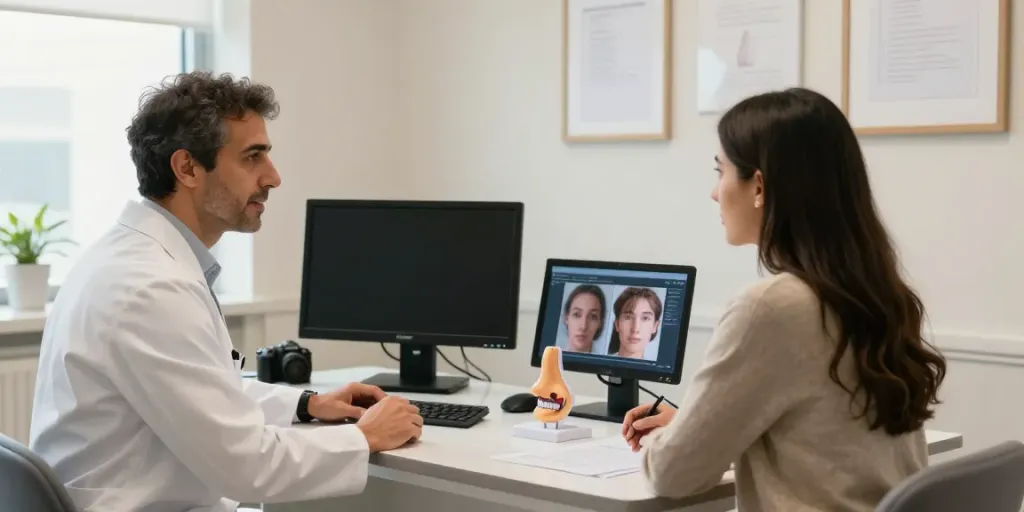 Dr. Zahi Abou Chacra consulting with a patient about rhinoplasty options in a welcoming clinic.