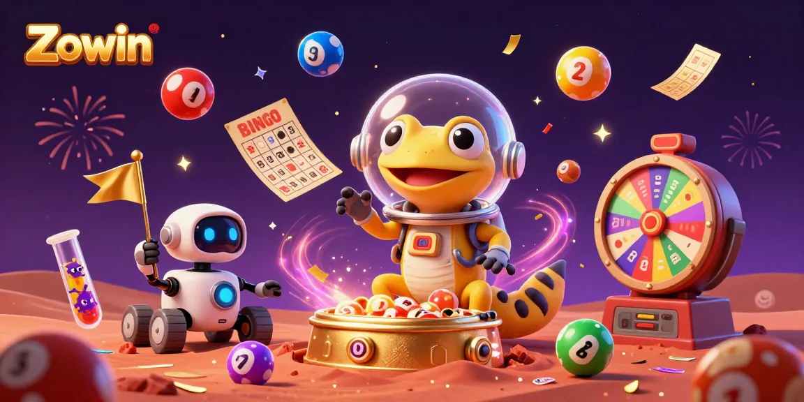 Experience the excitement of Zowin with a lively 3D Martian scene celebrating casino games.