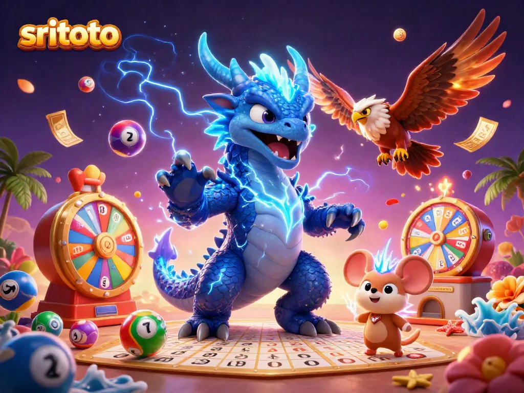 Memenangkan permainan sritoto dengan simbol lotere dan karakter fantastis yang energik.