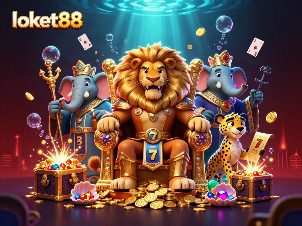 Engage in exciting adventures with loket88 as a lion king, elephant advisor, and cheetah messenger in a captivating casino scene.