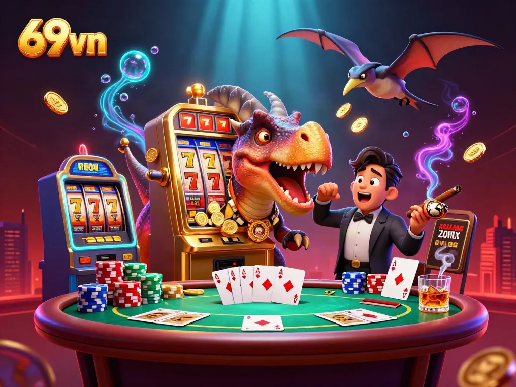 Catch golden coins as 69vn's pachycephalosaurus activates a slot machine jackpot in a vibrant casino scene.