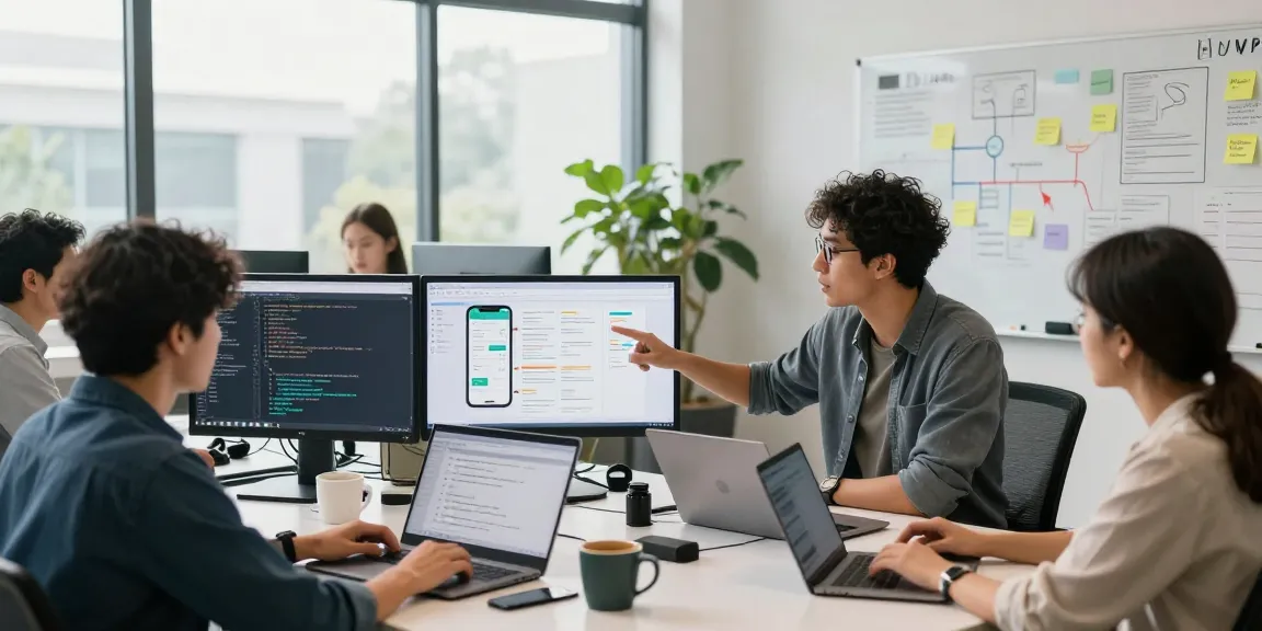 MVP development service collaboration in a modern startup workspace with diverse developers planning software.