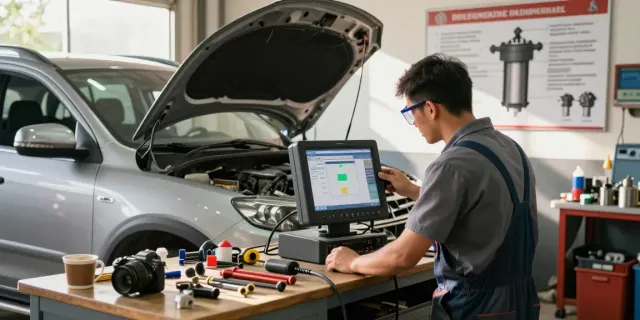 Mechaniker führt DPF-Regeneration durch, während er an einem Dieselfahrzeug arbeitet, um Emissionen zu reduzieren.