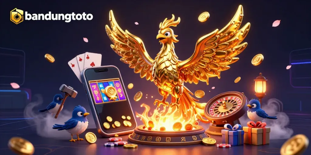 Engage with bandungtoto's gaming excitement featuring a molten golden phoenix and vibrant slot elements.