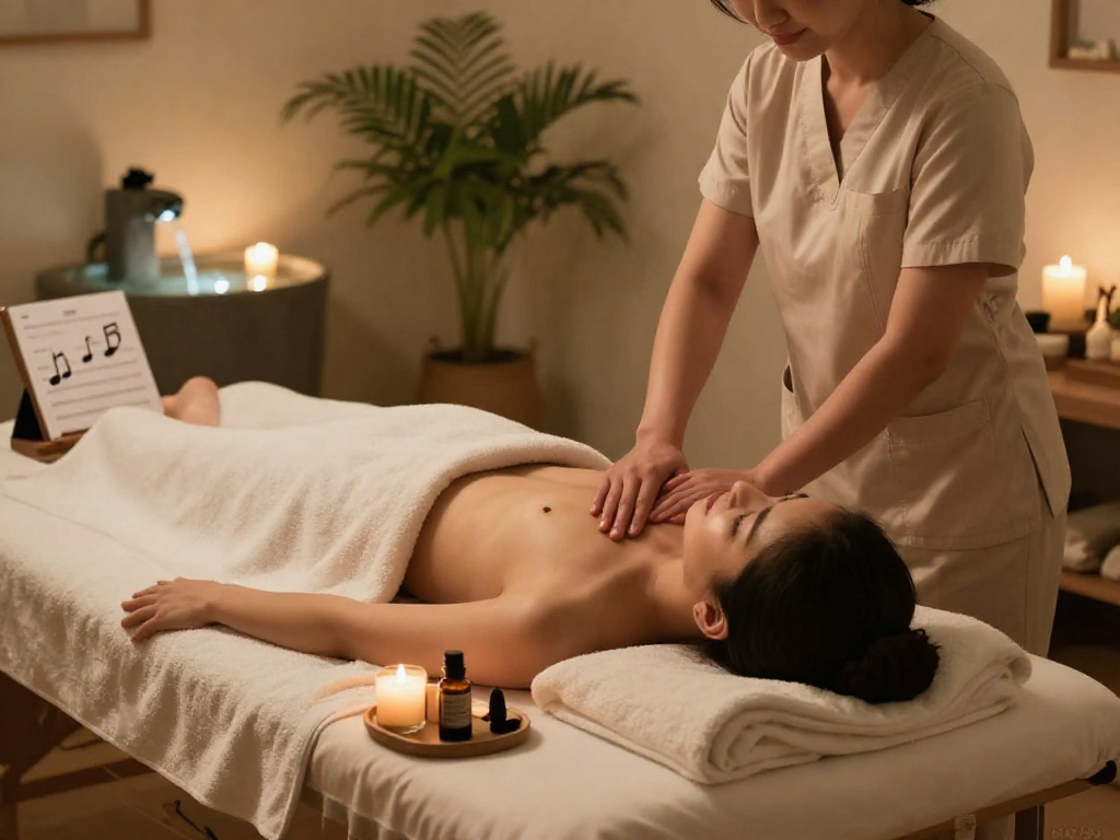 Relaxing 마포출장마사지 session in a serene home spa environment with warm lighting and soothing elements.