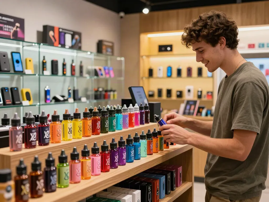 Noms X2 vape juice bottles in a modern vape shop, showcasing vibrant colors and engaging customer experience.