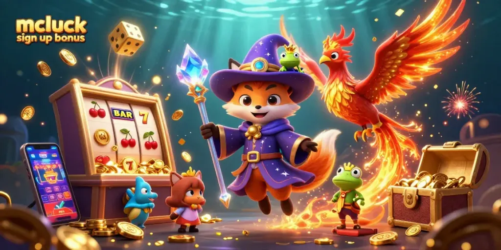 Engage with the mcluck sign up bonus through a vibrant casino adventure with magical characters.