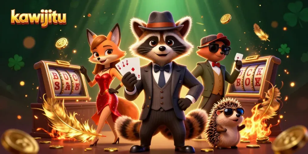 Engage in thrilling casino action with kawijitu, showcasing a charming raccoon, fox, and hedgehog amidst slot reels.
