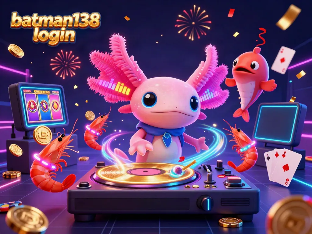 Experience the thrill of batman138 login with a vibrant casino party scene featuring an axolotl DJ spinning games.