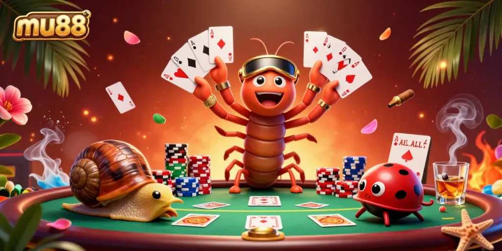 Experience the thrilling world of mu88 with an energetic dealer and high-roller in a vibrant casino scene.