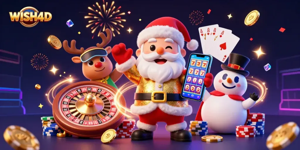 Win big with WISH4D's thrilling gaming experience featuring a festive casino scene.