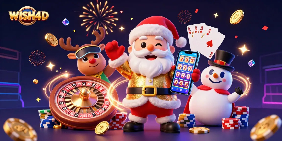 Win big with WISH4D's thrilling gaming experience featuring a festive casino scene.