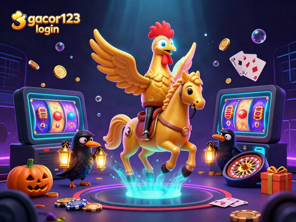 Experience thrilling gameplay with gacor123 login as golden rooster characters ride through a vibrant casino scene.