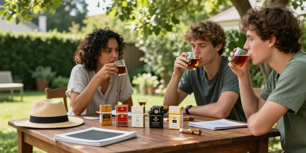 Budget cigarette and top smokes Australia showcased outdoors with friends, emphasizing natural enjoyment of quality products in a relaxed setting.
